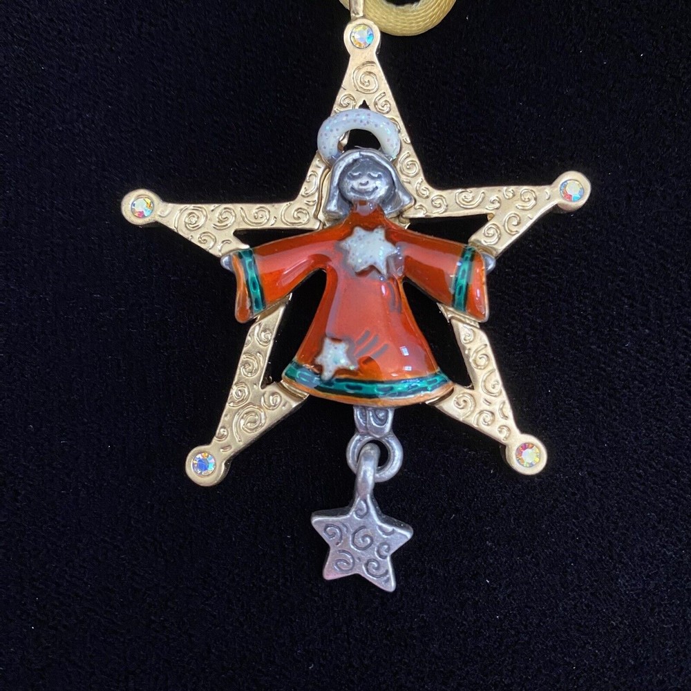 Vintage AJMC Christmas Angel Star Necklace 14" Gold Cord w/ Rhinestones